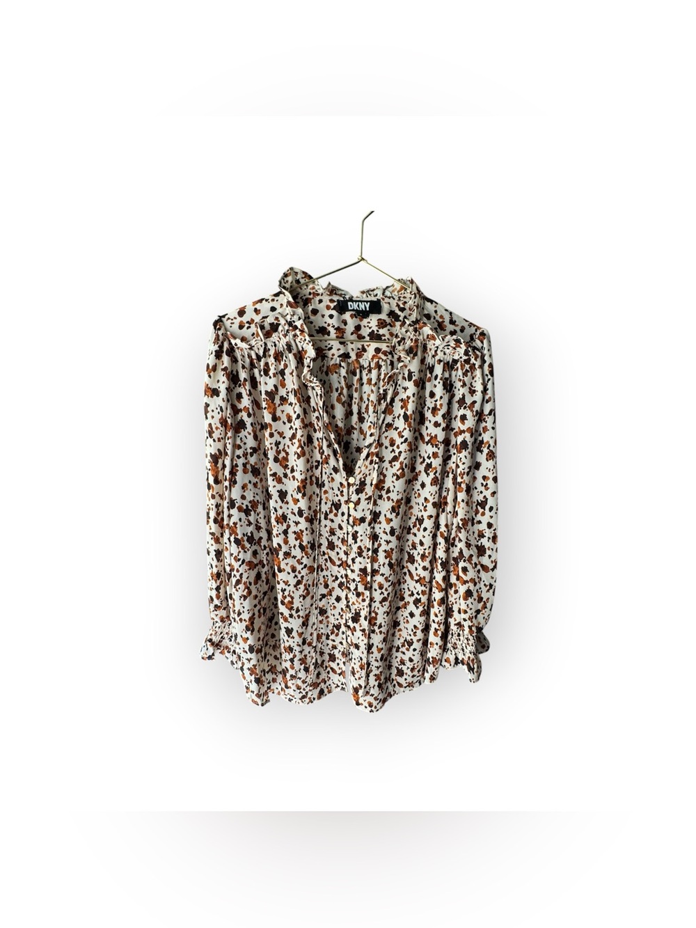 DKNY Cream Blouse with Brown animal Print and Tie Neck top